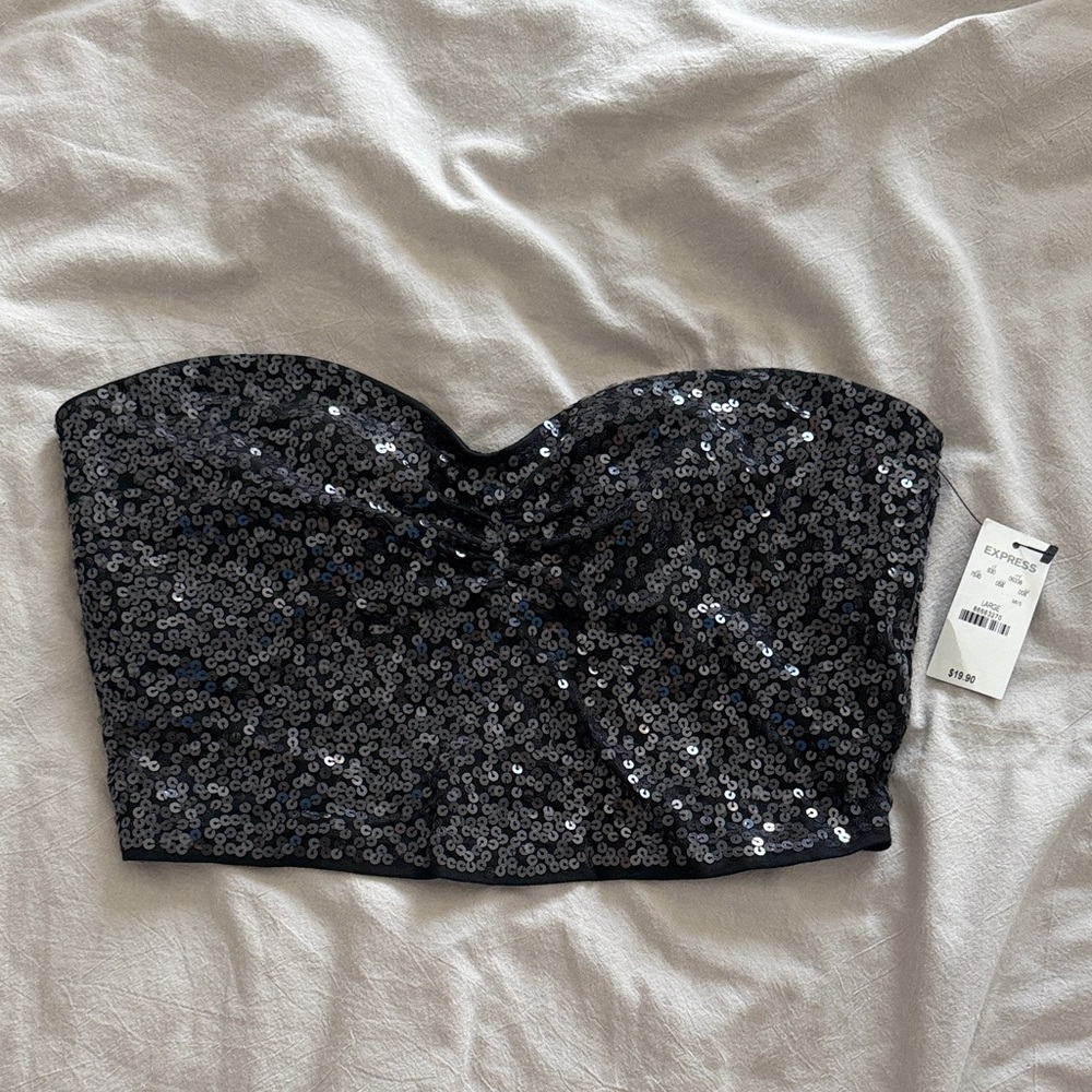Sequined Strapless Bustier Crop Top - Black
